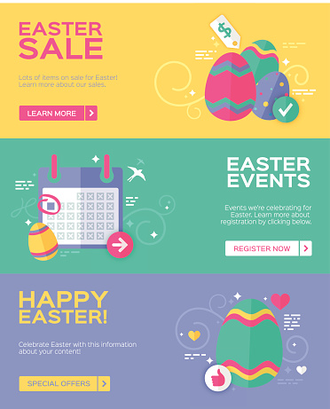 Flat design Easter banner set. Banners are available for an Easter sale, Easter events and general happy Easter message. Each banner includes easter egg elements and pastel colors. EPS 10 file. Transparency effects used on highlight elements.