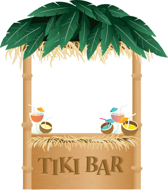 Retro Summer Tiki Bar on white background Retro revival Summer Tiki Bar party celebration invitation poster advertisement design template. Cute a  cute Tiki Bar stand which includes sample text design,palm trees, fancy coconut drinks, grass. White or isolated on white background.  Easy to edit with layers. Vector illustration. Lot's of texture and vintage Hawaiian style. tiki torch stock illustrations