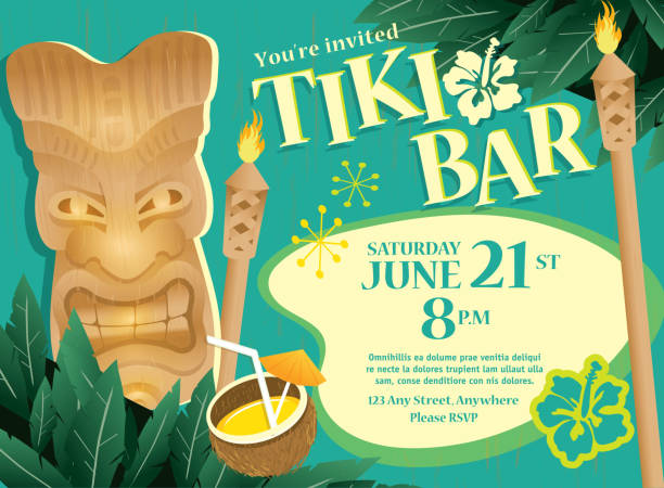 illustrazioni stock, clip art, cartoni animati e icone di tendenza di turches'estivo retrò bar tiki hawaiian invito modello di progettazione - tiki