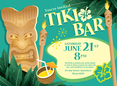 Retro revival Summer Tiki Bar party celebration invitation poster advertisement design template. Cute and bright design which includes sample text design,palm trees, oasis, tiki statue, hibiscus flower and coconut drink. Turquoise and soft green color scheme.  Easy to edit with layers. Vector illustration. Lot's of texture and vintage Hawaiian style.