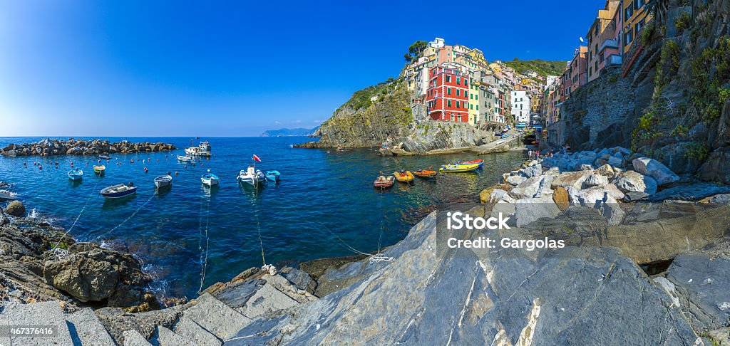 Riomaggiore, Cinque Terre, Italy Boats are anchored in the bay riomaggiore. 2015 Stock Photo