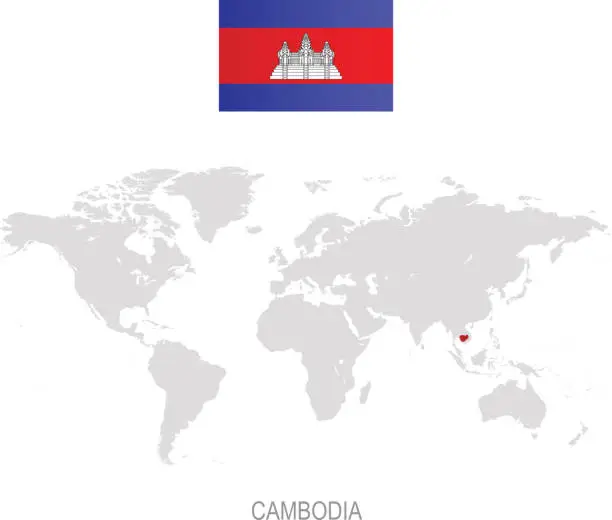 Vector illustration of Flag of Cambodia and designation on World map