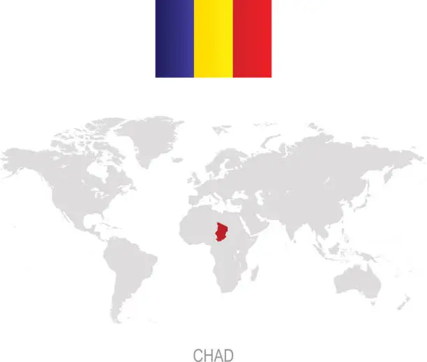 Vector illustration of Flag of Chad and designation on World map
