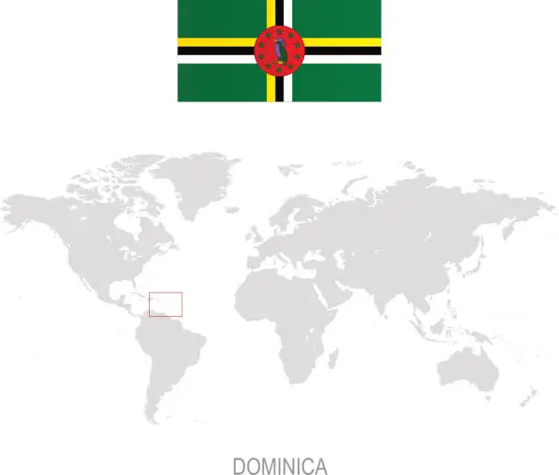 Vector illustration of Flag of Dominica and designation on World map