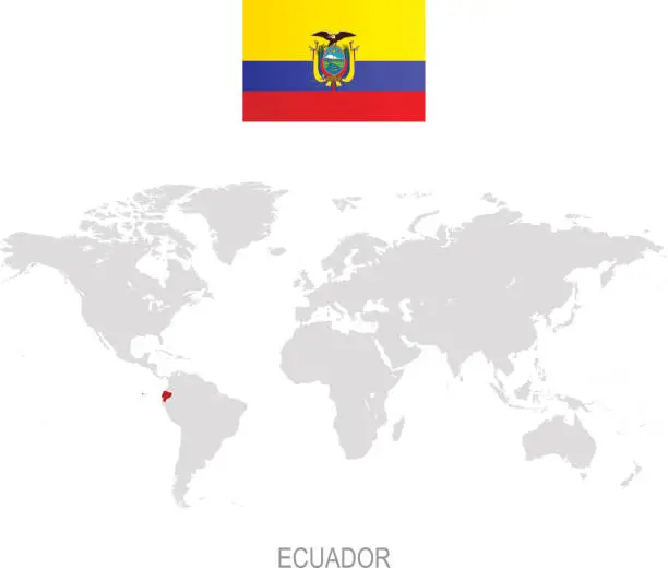 Vector illustration of Flag of Ecuador and designation on World map