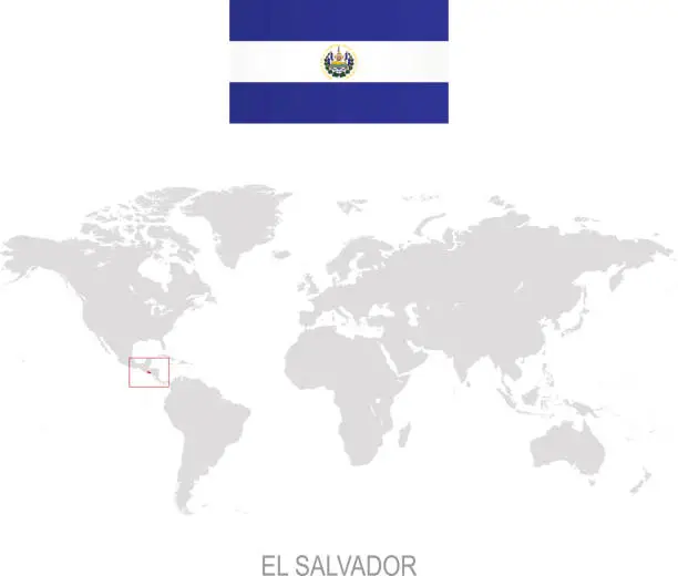 Vector illustration of Flag of El Salvador and designation on World map