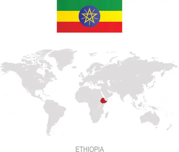 Vector illustration of Flag of Ethiopia and designation on World map