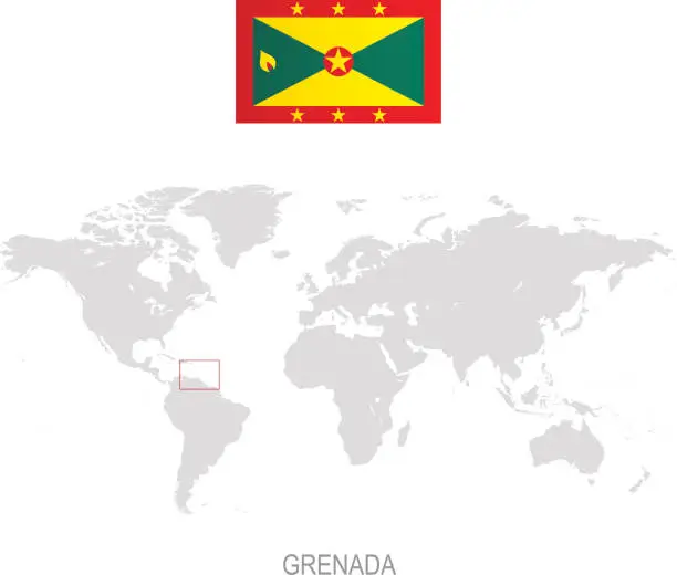 Vector illustration of Flag of Grenada and designation on World map