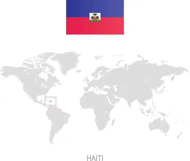 Vector illustration of Flag of Haiti and designation on World map