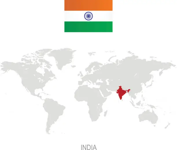 Vector illustration of Flag of India and designation on World map