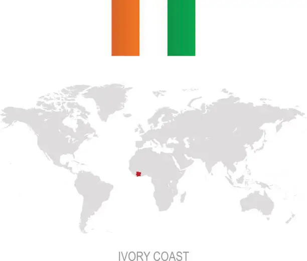 Vector illustration of Flag of Ivory Coast and designation on World map