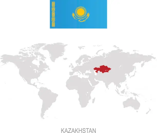 Vector illustration of Flag of Kazakhstan and designation on World map