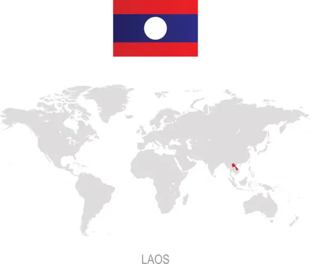 Vector illustration of Flag of Laos and designation on World map