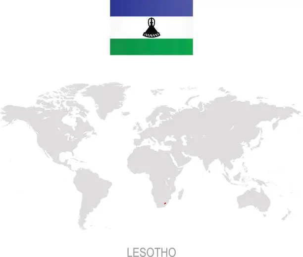 Vector illustration of Flag of Lesotho and designation on World map