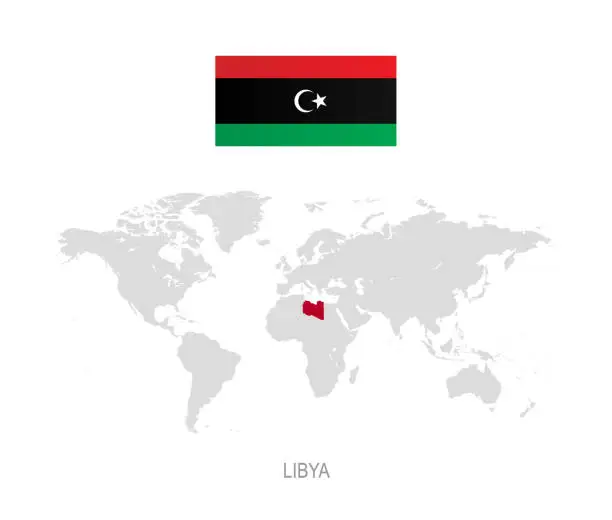 Vector illustration of Flag of Libya and designation on World map