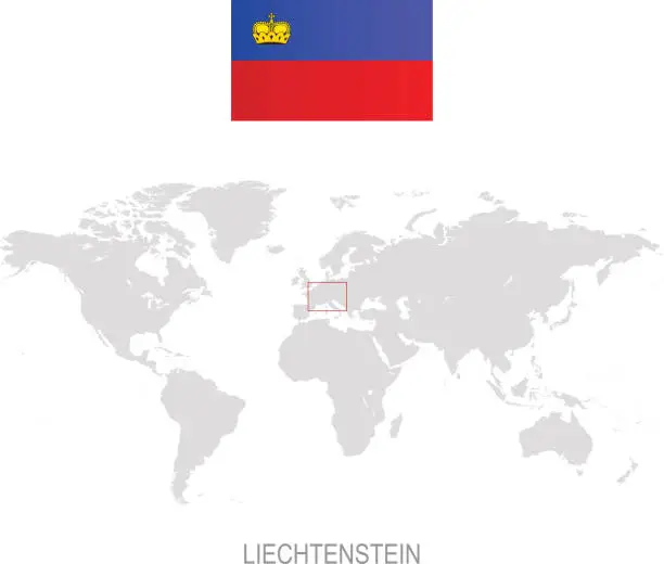 Vector illustration of Flag of Liechtenstein and designation on World map