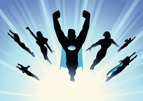 A vector silhouette style illustration of a superhero team flying in group with a blue themed sunburst background. 