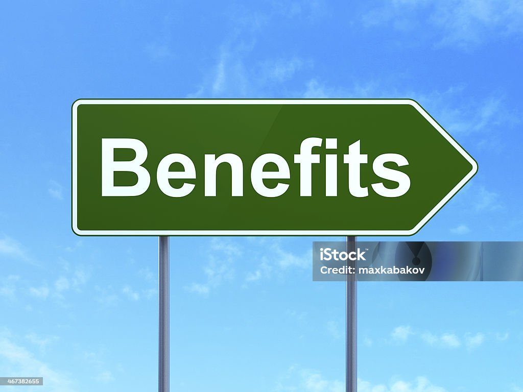 Finance concept: Benefits on road sign background Finance concept: Benefits on green road (highway) sign, clear blue sky background, 3d render Benefits Stock Photo