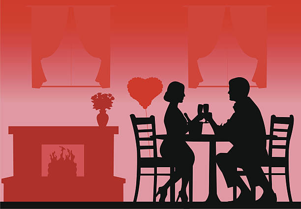 ilustrações, clipart, desenhos animados e ícones de jantar romântico dia dos namorados com a silhueta - men giving balloon women