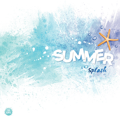 Summer watercolor background with starfish,water drops,splatters and textures in blue tones.EPS 10 file contains transparencies.File is layered with global colors.Gradients and drop shadow used.Hi res jpeg without text included.More works like this linked below.http://www.myimagelinks.com/Lightboxes/summer_files/shapeimage_2.png