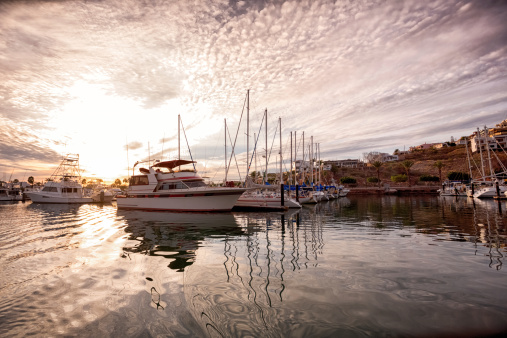 Beautiful backlit marina at sunrise