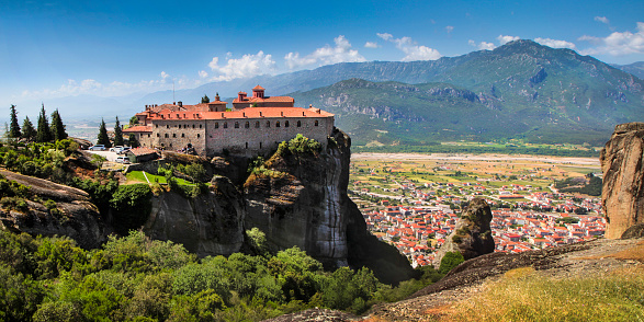 Panorama of Holy Monastery Of St. Stephen on Metora and city of Kalambaka in Greece