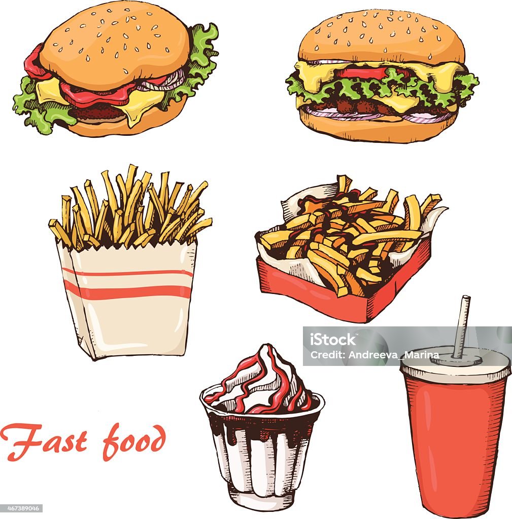 Fast food 7 st food with cola, hamburger,  fries and ice cream 2015 stock vector