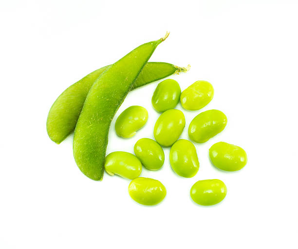 白い背景の上の緑の大豆 - soybean bean edamame pod ストックフォトと画像