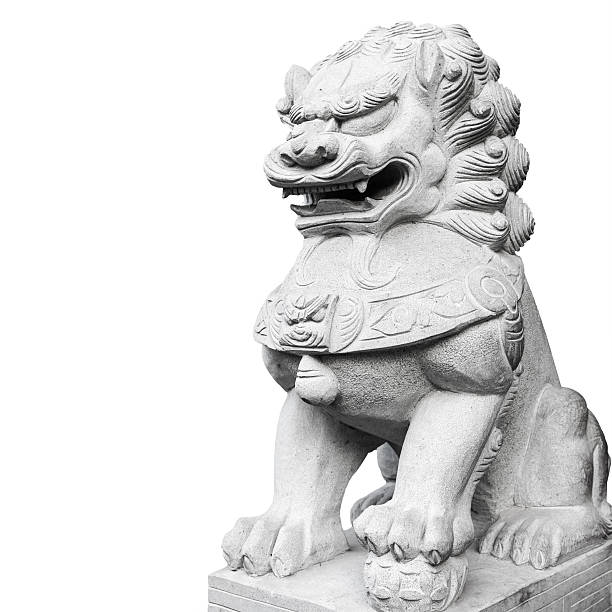 istock Ancient Chinese lion statue made of gray stone isolated 467396016