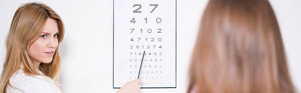 oftalmólogo con cuadro de snellen. - doctor reading chart human eye fotografías e imágenes de stock