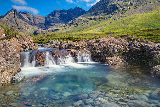 Small waterfall on the Isle of Skye A small waterfall at the fairy pools on the Isle of Skye, Scotland isle of skye stock pictures, royalty-free photos & images