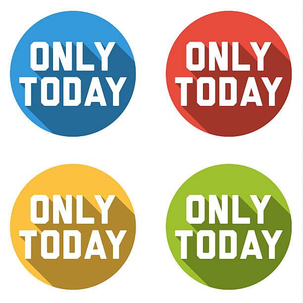 Collection of 4 isolated flat colorful buttons for only today Set of 4 isolated flat colorful buttons for - only today - with long shadow todays special stock illustrations