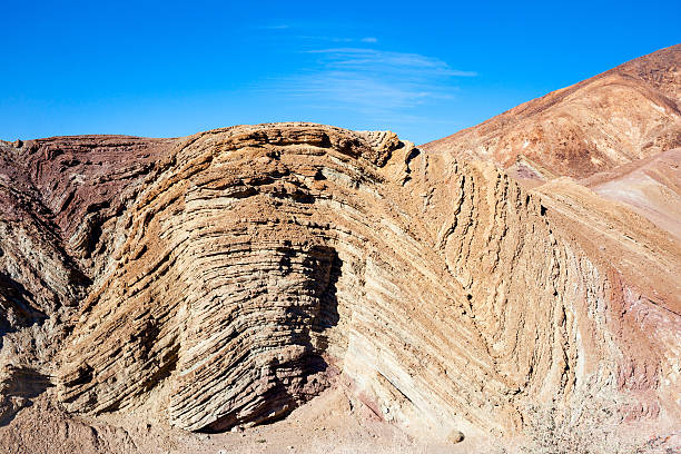 Rocks Folded By Compression Example of anticline and syncline in folded rock layers of the Barstow Formation. Transpressional tectonics. syncline stock pictures, royalty-free photos & images