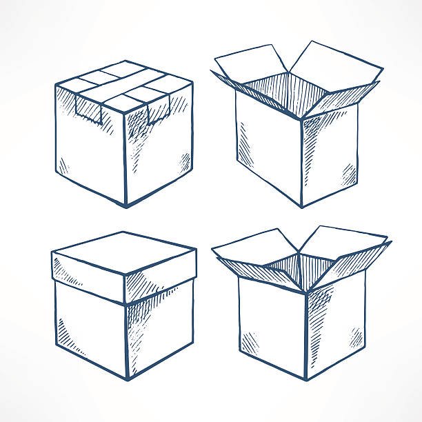 Set with four sketch boxes Set with four sketch boxes. open and closed boxes. hand-drawn illustration carton illustrations stock illustrations