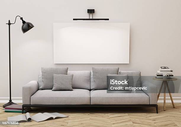 3d Model Of Living Roomposter On The Wall Background Stock Photo - Download Image Now