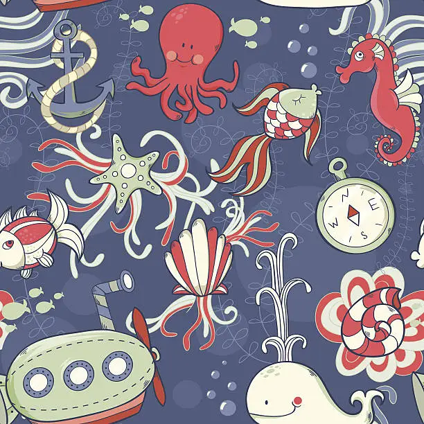 Vector illustration of Underwater creatures seamless pattern