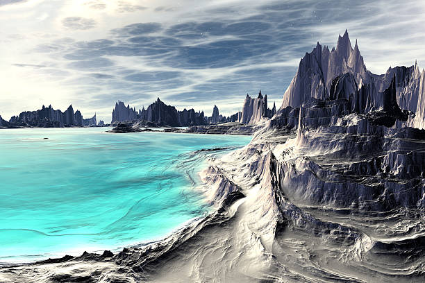 istock 3D rendered fantasy alien planet. Rocks and lake 467421490