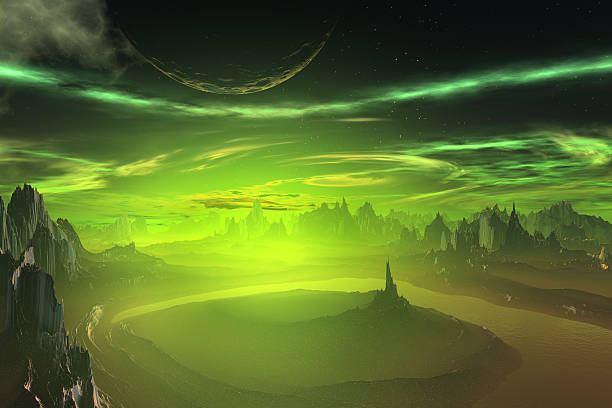 istock 3D rendered fantasy alien planet. Rocks and lake 467421760