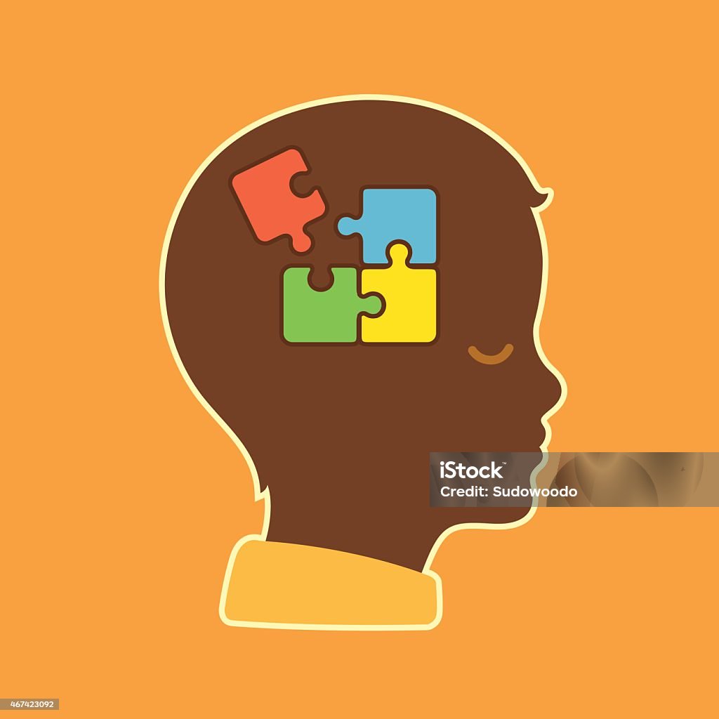 Autism Child head profile silhouette with jigsaw puzzle symbolizing autism spectrum disorders. Jigsaw Puzzle stock vector