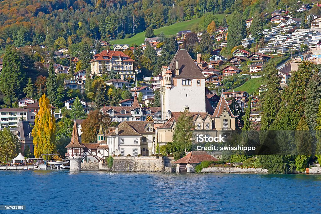Lake Thun Oberhofen village on the lake Thun, Switzerland 2015 Stock Photo