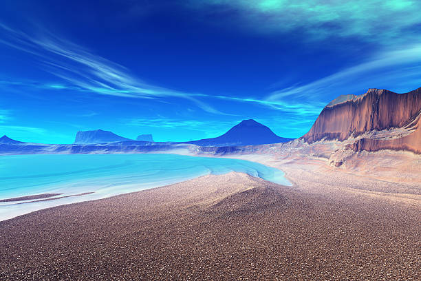 istock 3D rendered fantasy alien planet. Rocks and lake 467425264