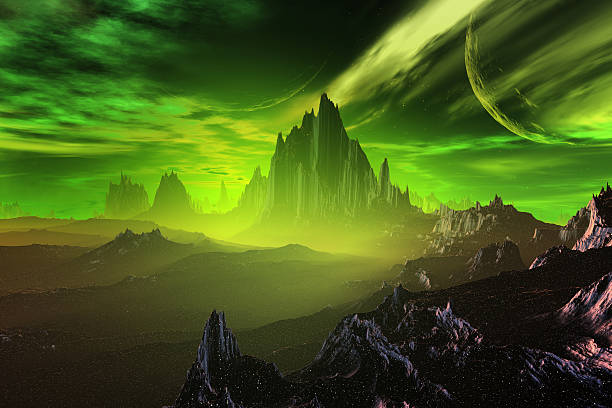 istock 3D rendered fantasy alien planet. Rocks and  moon 467425278