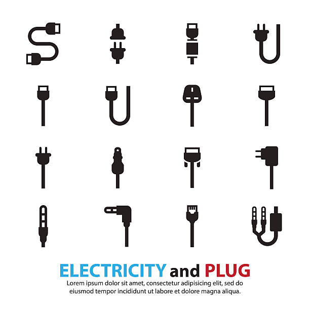 ilustraciones, imágenes clip art, dibujos animados e iconos de stock de hilo de cable y conector macho conjunto de iconos de ordenador - cable audio equipment electric plug computer cable