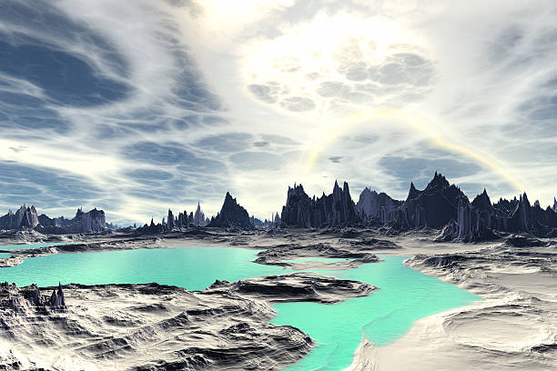 istock 3D rendered fantasy alien planet. Rocks and lake 467425802
