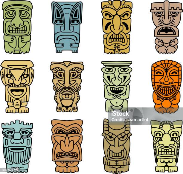 Tribal Masks Of Idols And Demons Stock Illustration - Download Image Now - Tiki, Mask - Disguise, Antique