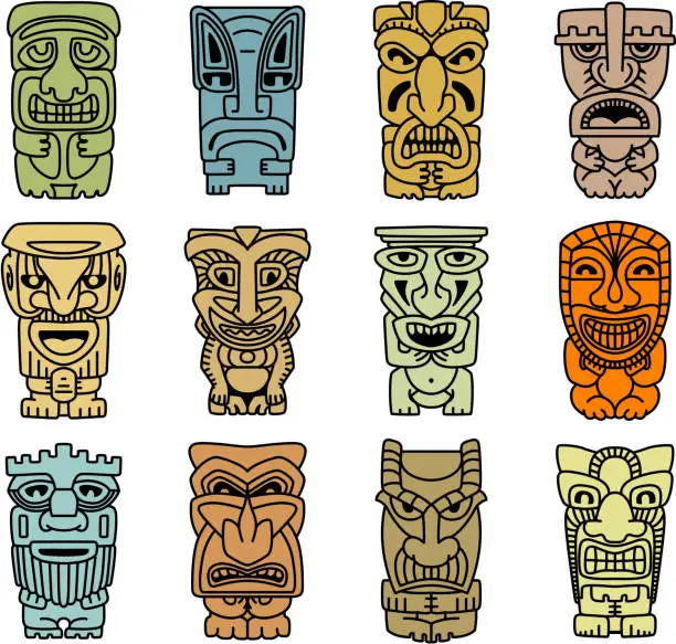 Vector illustration of Tribal masks of idols and demons
