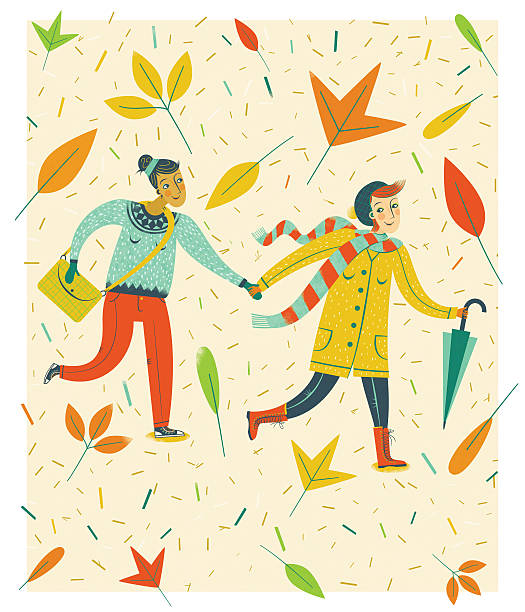 illustrazioni stock, clip art, cartoni animati e icone di tendenza di due donne con le mani circondato da grandi foglie d'autunno - scarf blowing women autumn