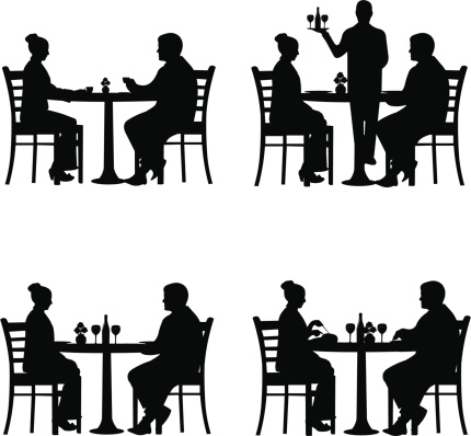 Business lunch in the restaurant between business partners in different situations silhouette
