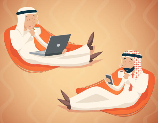 ilustrações, clipart, desenhos animados e ícones de arab empresário papo laptop telefone celular símbolo de beber café e chá - religious icon telephone symbol mobile phone