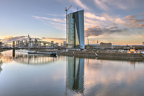 The Frankfurt Skyline behind the Deutschherrnbruecke (Railway Bridge) with the new European Central Bank HQ under construction.